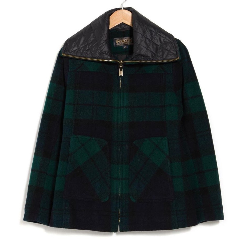 Pendleton Wool Blend Quilted Collar Coat Green and Navy Plaid NWT Size Small